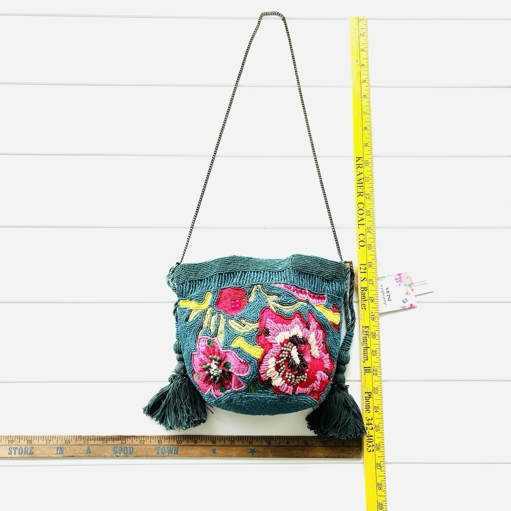 TikTok Viral India Beaded Bucket Bag Floral Embroidered Tassels Teal Crossbody - Picture 9 of 11